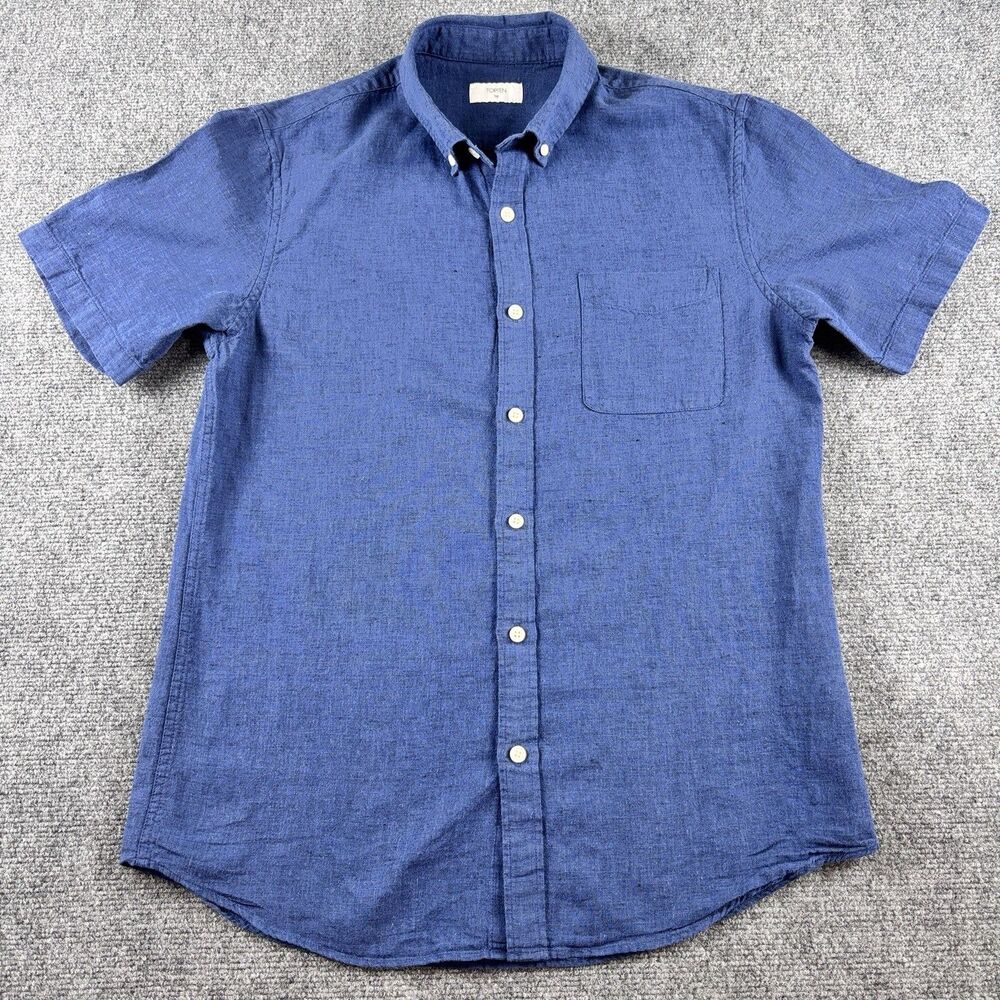 TOPTEN Shirt Mens Large Blue Linen Cotton Blend Button Down Short Sleeve 100